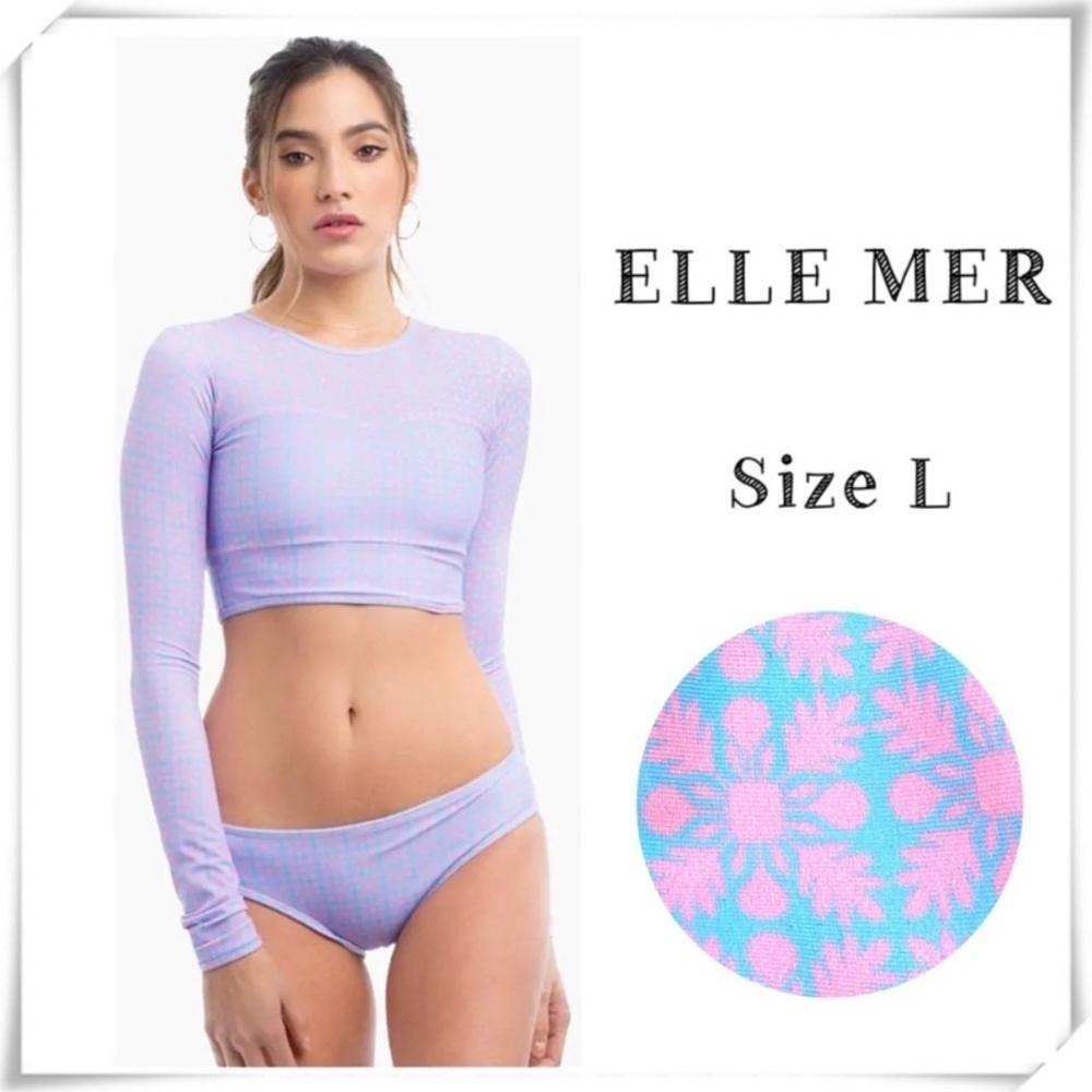 ELLE Mer Mcc Hipster Full Bikini Crop Top Rash Guard Blue with Pink Size L